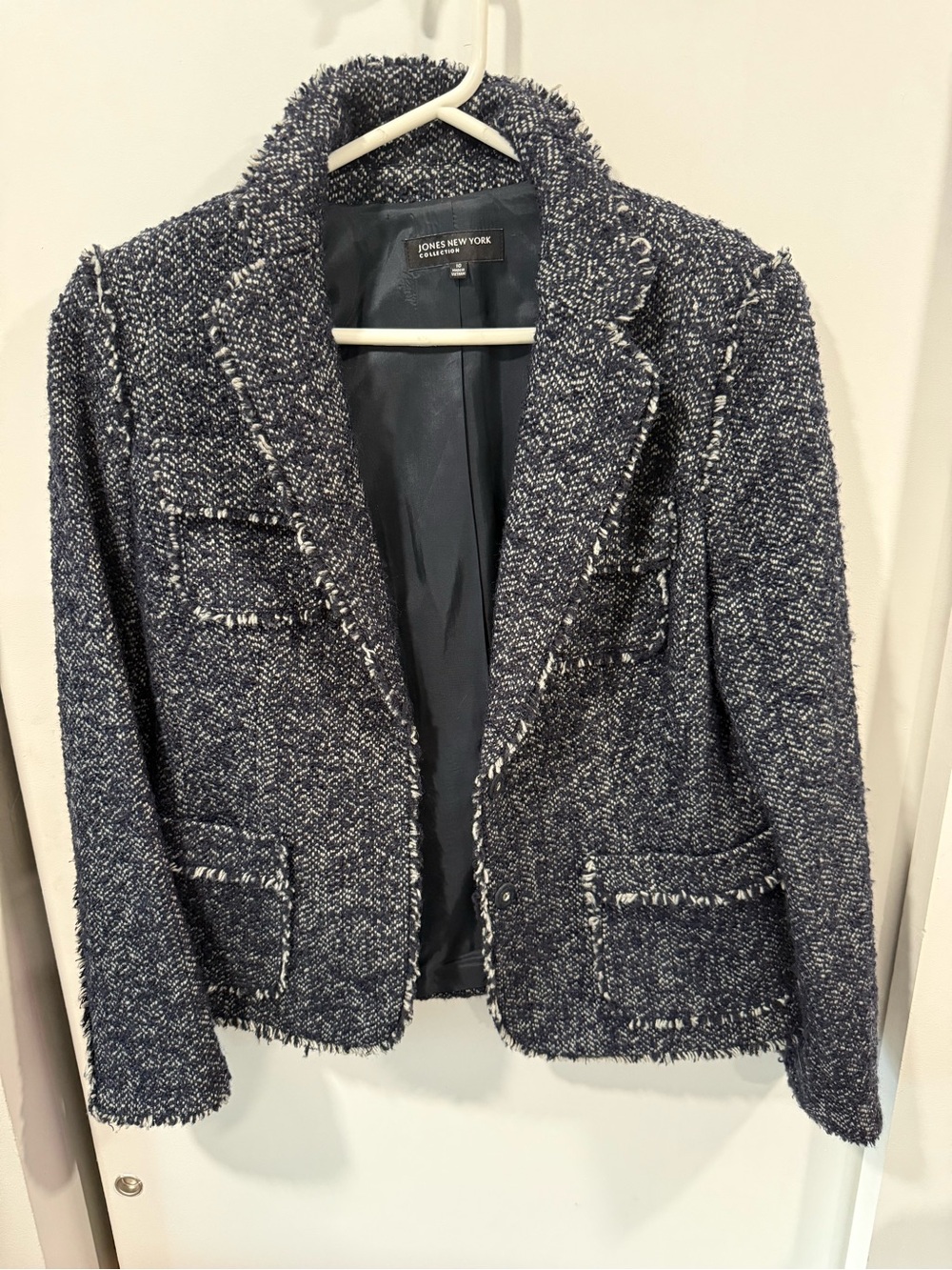 Jones New York Navy and White Tweed Frayed-Trim Blazer